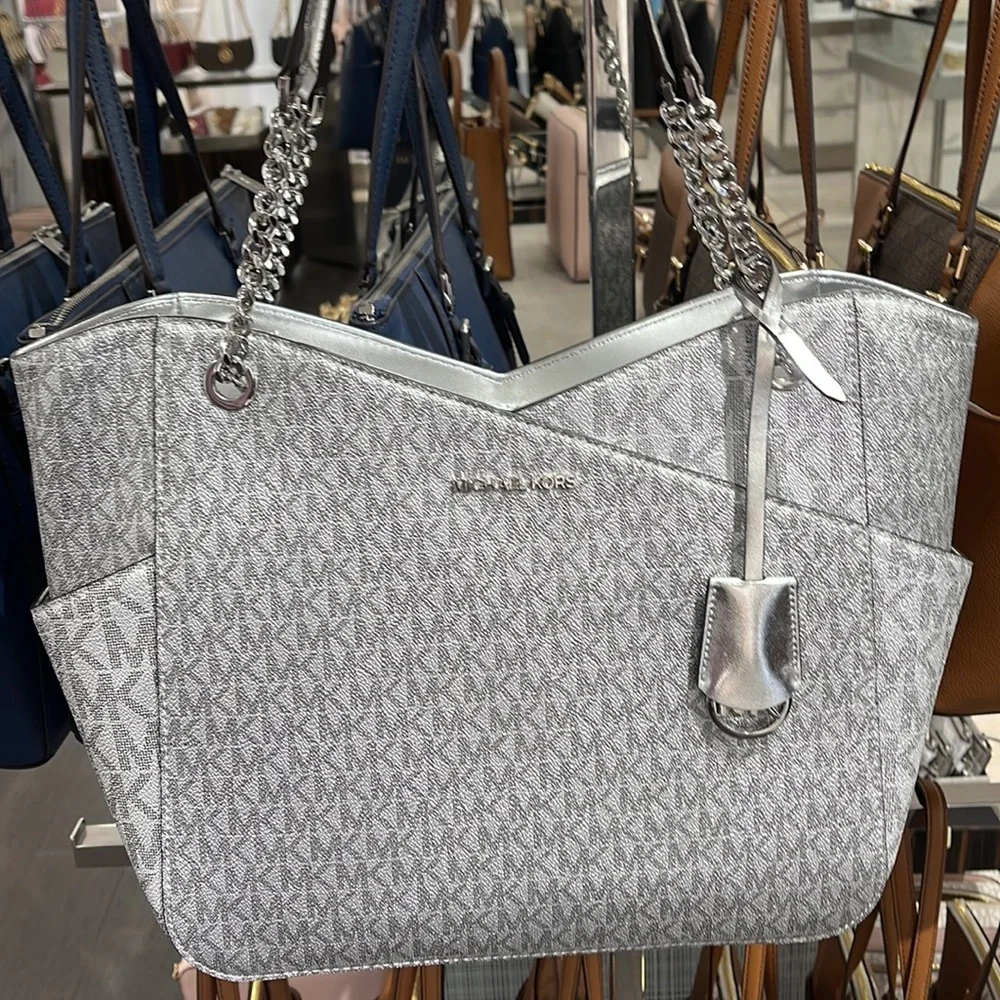 Michael Kors Jet Set Travel Large Chained Tote Shoulder Bag MK  Silver  NWT